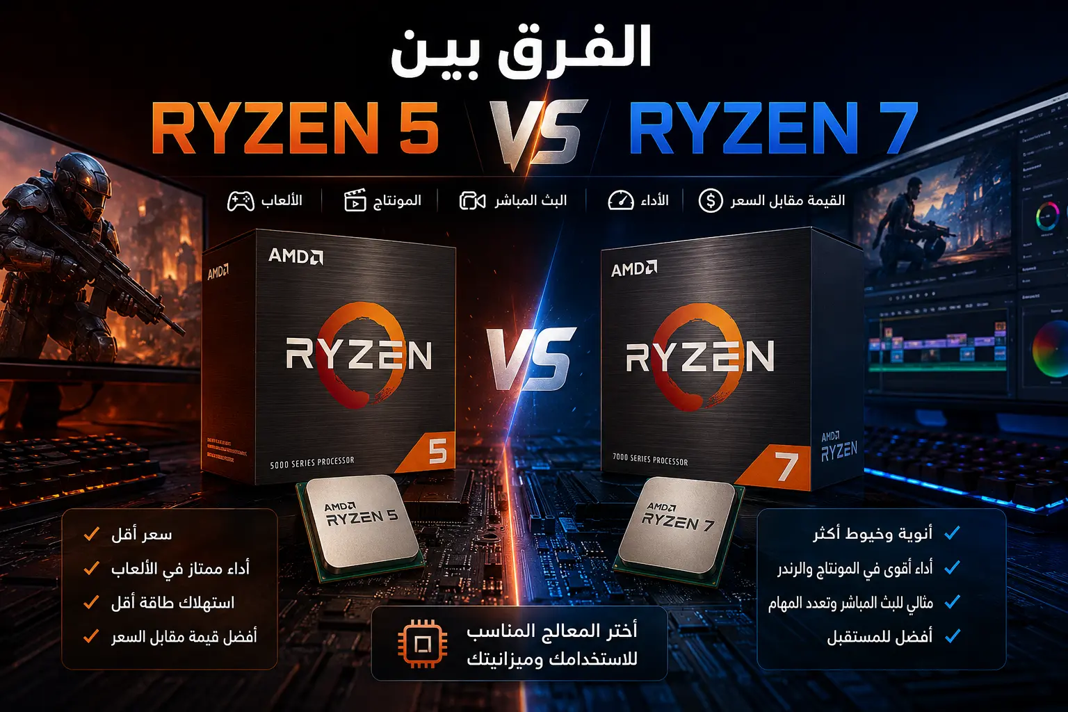 الفرق بين AMD Ryzen 5 و AMD Ryzen 7: أيهما أفضل للألعاب والعمل وصناعة المحتوى؟